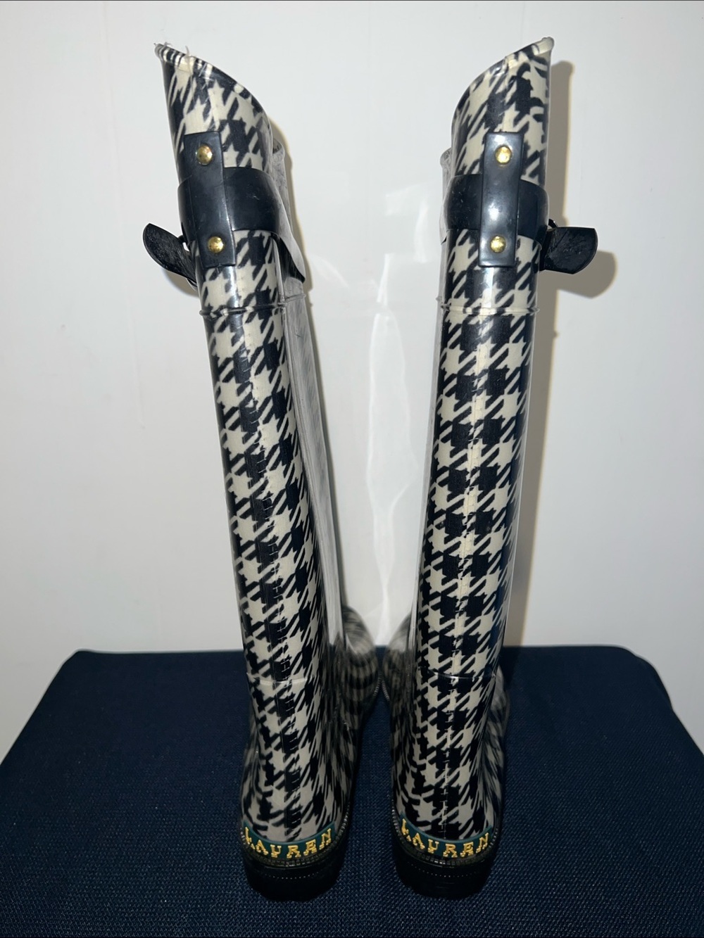 Lauren Ralph Lauren Black and White Houndstooth Knee-High Rain Boots Size 8B - Picture 3 of 8